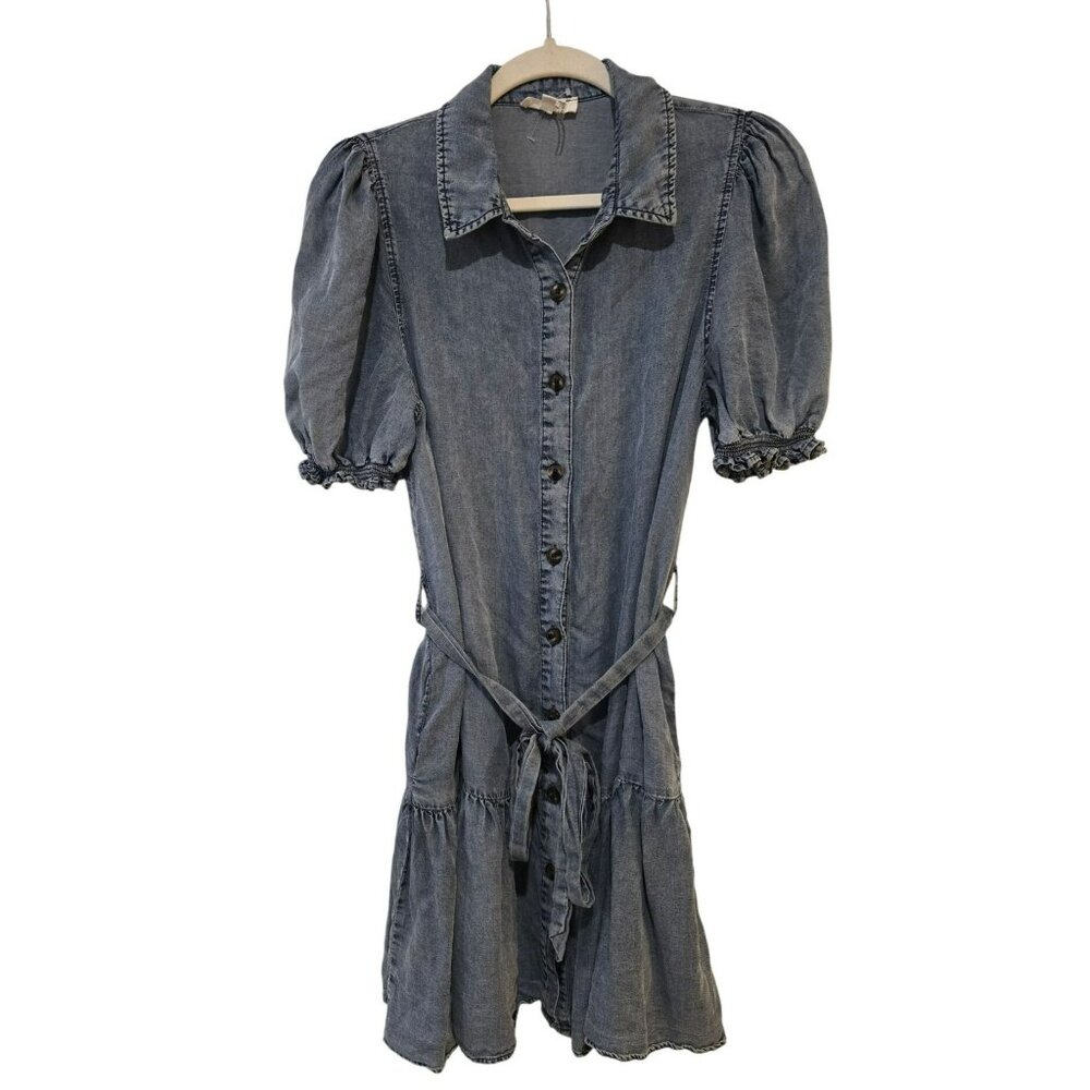 Entro Denim Chambray Shirt Dress Button Front Puff Sleeves Johnny Collar Size M